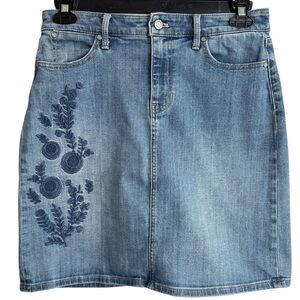 Talbots Jean Skirt Size 6 Stretch Denim Floral Embroidered Straight Pencil Skirt